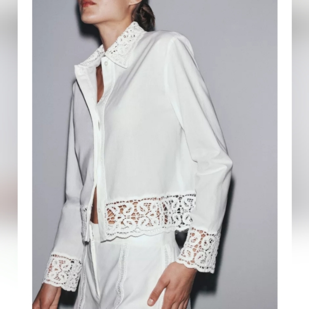 Zara Zw Collection Crochet  Lace Trim Shirt